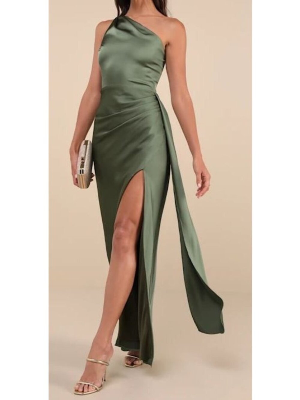 Lulus Signature Elegance Olive Green Satin One-Shoulder Maxi Dress Size M NWOT